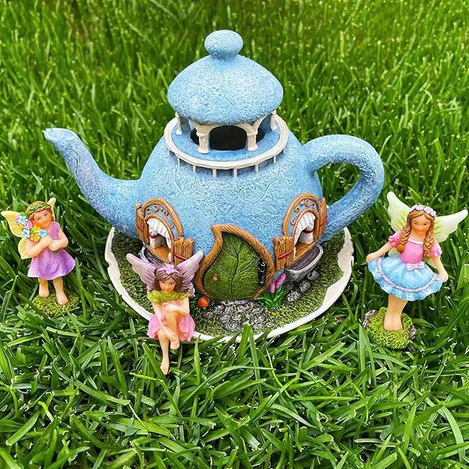 Mood Lab Fairy Garden Miniature Teapot House Kit - Figurines and Accessories Set of 4 pcs - 7.1 Inch Tall House by GreenHaven Gardens