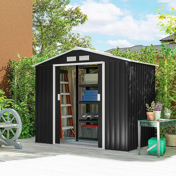 Outsunny 7' x 4' Outdoor Storage Shed, Garden Tool Metal Shed with Foundation Kit, Double Lockable Door, Air Vents and Sloping Roof, for Backyard, Patio, Lawn, Dark Gray by GreenHaven Gardens