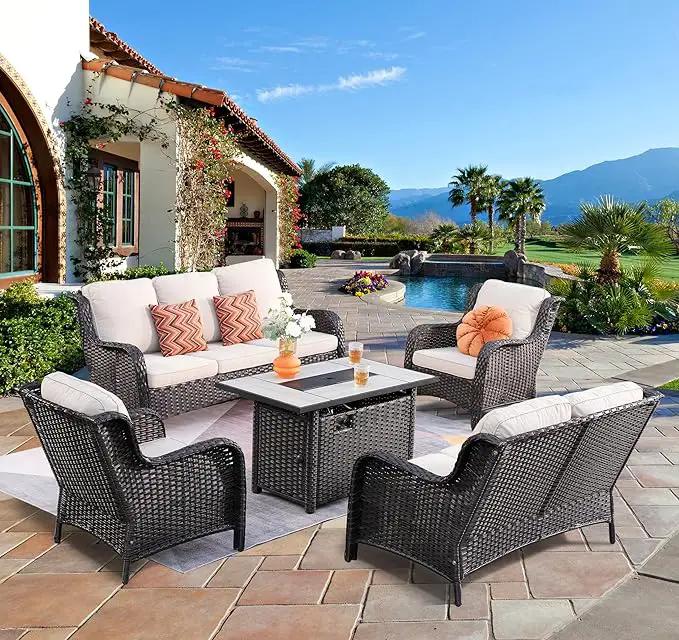 ovios 5 Pieces Patio Furniture Set with 42" Fire Pit Table, Outdoor Wicker Sofa with Loveseat, Comfy Cushions, High Back Couch Conversation Set, Brown Rattan, Beige by GreenHaven Gardens