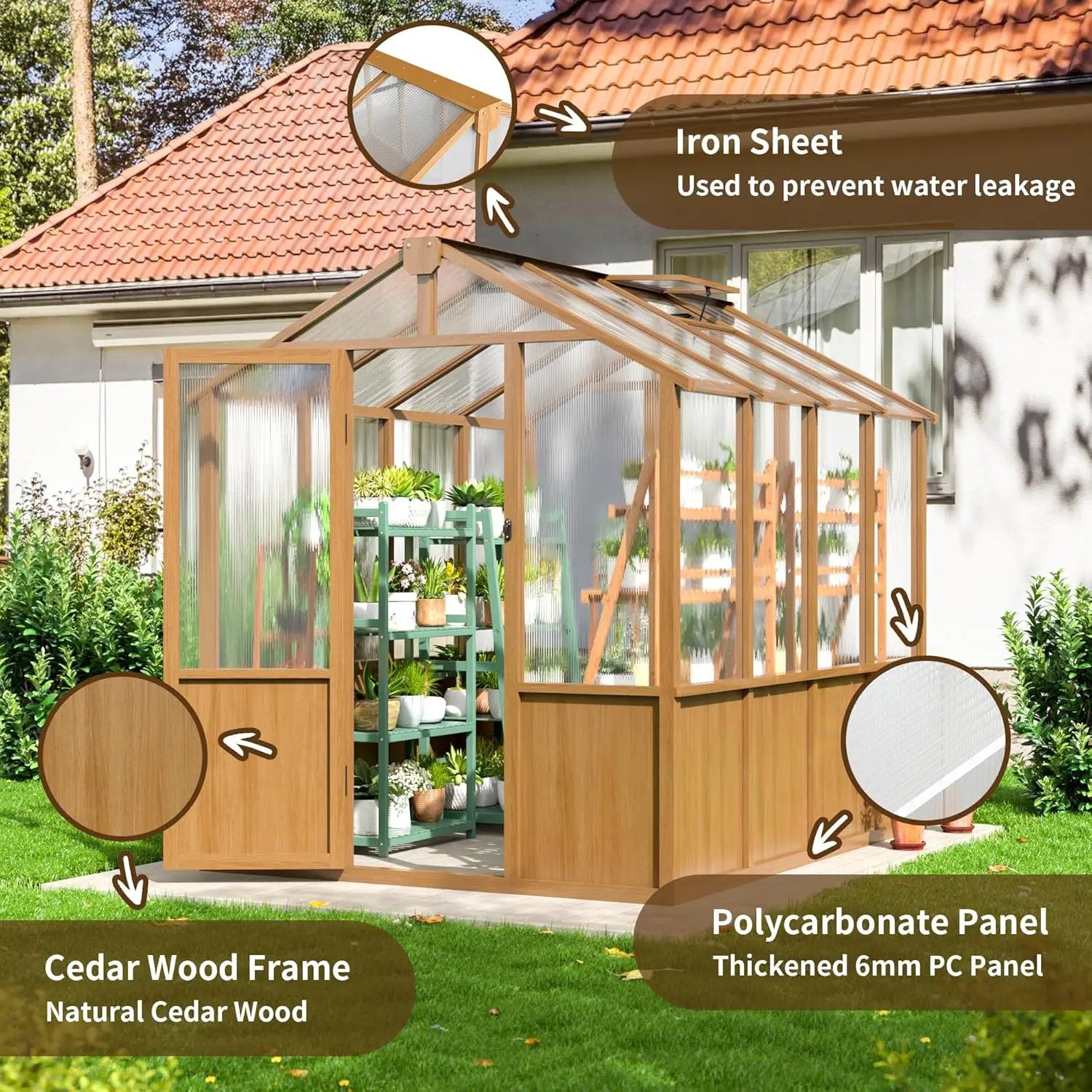 6x8 FT Greenhouse, Wooden Walk-in Greenhouse for Outdoors with 6MM Thick Polycarbonate Panel and Adjustable Roof Vents, Garden Backyard, Patio, Lawn, Wood Colour by GreenHaven Gardens