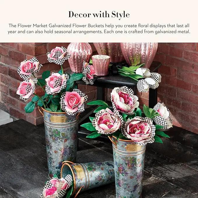 MACKENZIE-CHILDS Galvanized Flower Buckets, Decorative Metal Buckets, Flower Market, Set of 3 by GreenHaven Gardens