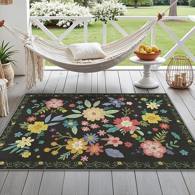 GENIMO Indoor Outdoor Area Rug 4' X 6' Waterproof, Washable Patio Rug Non Shedding, Easy Cleaning Floral Outdoor Carpet for Living Room, Bedroom, Dining Room, Balcony, Backyard, Deck, RV, Black by GreenHaven Gardens