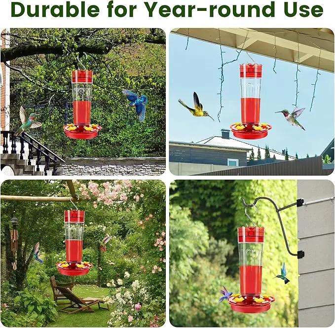 Glass Hummingbird Feeders for Outdoors Hanging Ant and Bee Proof, 1 Pack 15 Ounces Red Hummingbird Feeder with 5 Feeding Ports and Perches, Built-in Ant Moat, Outside Garden Décor (Glass, 1) by GreenHaven Gardens