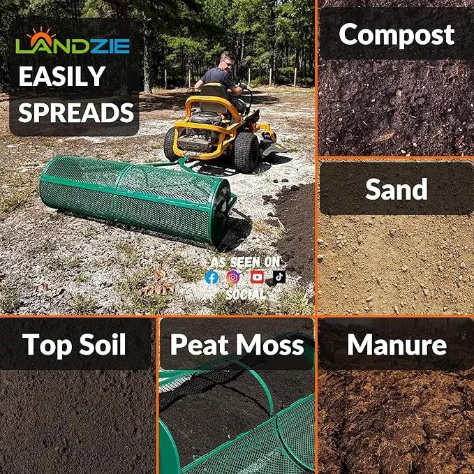 LANDZIE Lawn and Garden Spreaders - 60 x 20 Inch Tow-Behind Compost and Peat Moss Spreader for Large Lawns Commercial Landscaping - Effortlessly Spread Perfect Layer of Topdressing - Large Lawn Care by GreenHaven Gardens