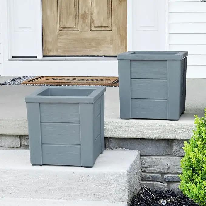 Step2 Lakewood Square Planter, Large Planters for Outdoor Plants, Gardening and Flower Pot for Patio or Porch, Efficient Drainage, Durable Plastic, Sage Gray, 2-Pack by GreenHaven Gardens