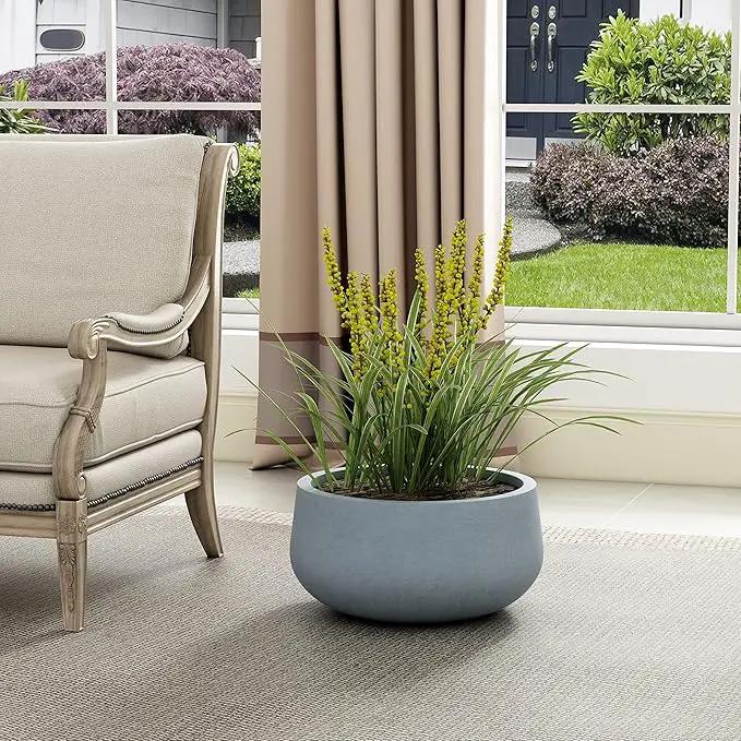 Kante 15.7" Dia Round Concrete Planter, Cement Plant Pots with Drainage Hole and Rubber Plug for Outdoor Indoor Garden Home, Modern Curvaceous Design, Gray by GreenHaven Gardens
