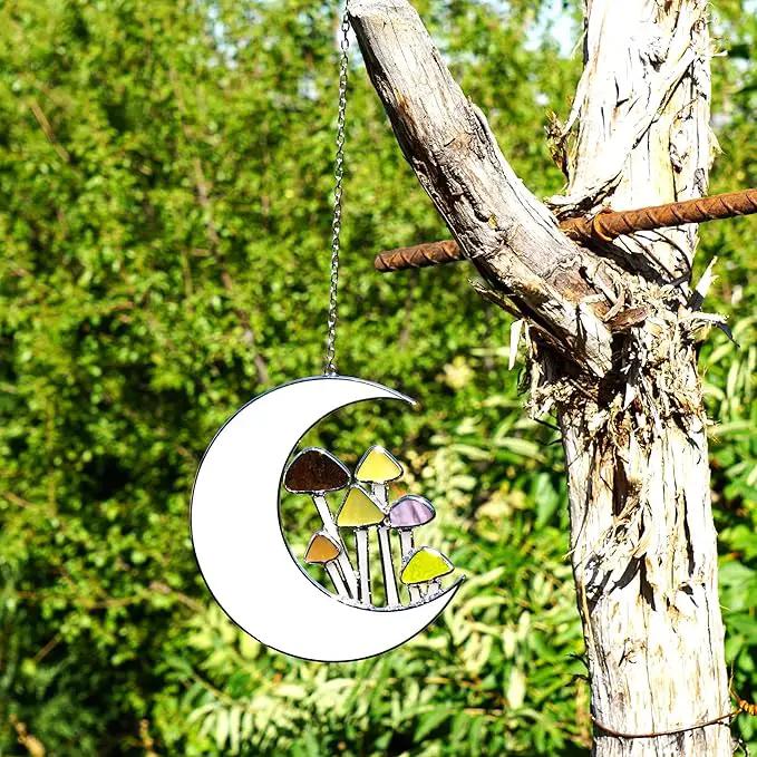 Sensory4U Mushroom Moon Stained Glass Suncatcher - Earth Tone Modern Window Hanging Wall Art - Home Decor or Garden Suncatcher for Natural Light Reflection by GreenHaven Gardens
