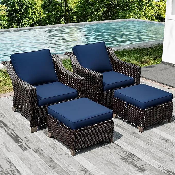 Joyside Wicker Patio Furniture Sets, 4 Pieces Upgraded Large Size Outdoor Furniture with Patio Dining Chairs and Outdoor Ottoman, Thick Cushions, Wide Armrest by GreenHaven Gardens
