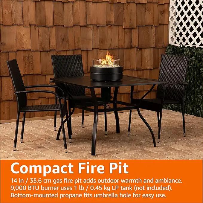 Amazon Basics 14-Inch Round Propane Fire Pit, 9000 BTU Portable Tabletop Fireplace with Glass Stones, Umbrella Hole Compatible for Outdoor Patio Tables & Camping, Brown by GreenHaven Gardens