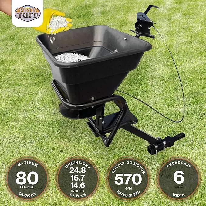 Field Tuff 12V 80 Pound Capacity Grass Seed Fertilizer Spreader with Hitch Mount Receiver and Rain Protector for ATV, UTV, or Utility Tractor by GreenHaven Gardens
