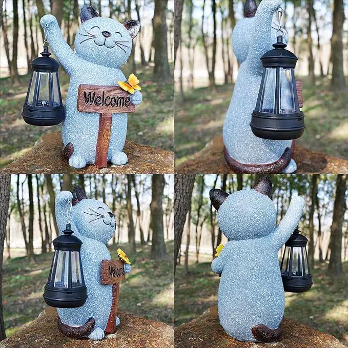 Juegoal Garden Statue Solar Cat Figurine with Lantern, 10" Resin Kitten Outdoor Lawn Porch Yard Art, Lighted Christmas Birthday Gifts for Mom Grandma by GreenHaven Gardens