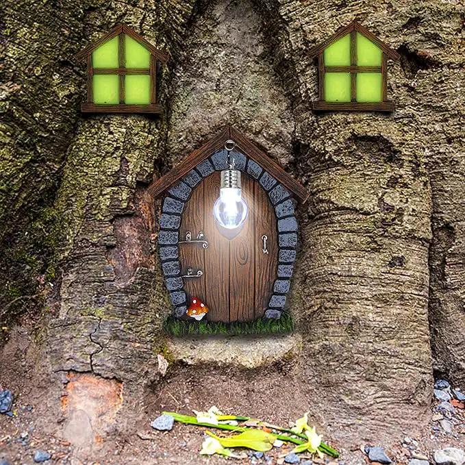 Juegoal Fairy Gnome Home Miniature Window and Door with Litter lamp for Trees Decoration, Glow in Dark Fairies Sleeping Door and Windows, Yard Art Garden Sculpture, Lawn Ornament Decor by GreenHaven Gardens