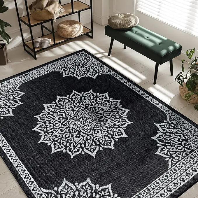 CAMILSON Outdoor Rug, 5x7 Medallion Black White Modern Area Rugs for Indoor and Outdoor Patios, Kitchen and Hallway Mats, Washable Porch Deck Outside Carpet (Medallion Black, 5 x 7) by GreenHaven Gardens