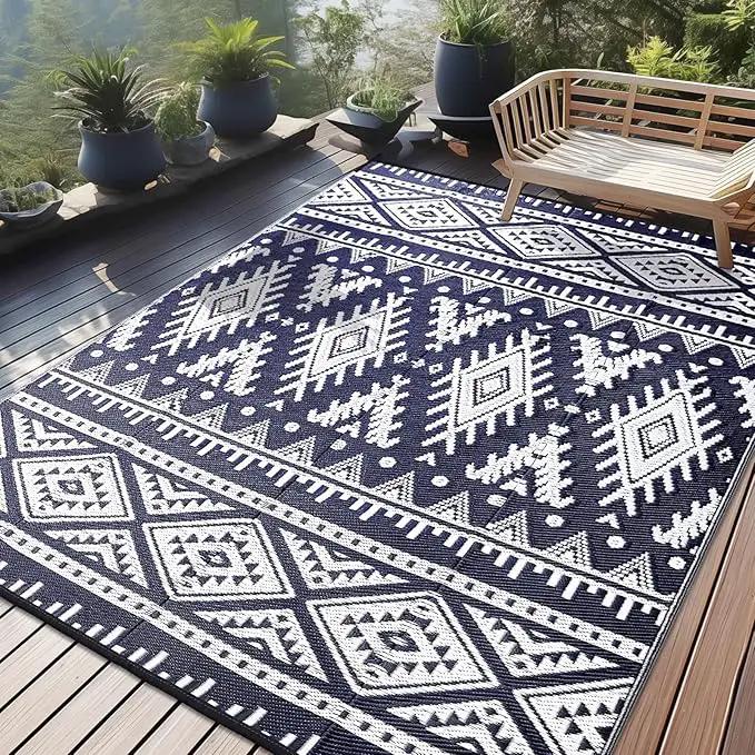 OLANLY Outdoor Rug Waterproof 9x18 ft, Reversible Outdoor Plastic Straw Rug, Boho Patio Rug, Indoor Outdoor Carpet, RV Mat Outside for Patio, Camp, Picnic, Balcony, Deck, Backyard, Navy & White by GreenHaven Gardens