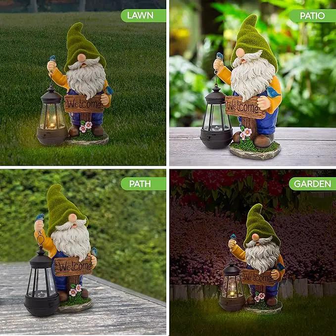 Garden Gnomes Outdoor - Flocked Gnome Statue Holding Lantern with Solar LED Lights | Gnomes Garden Decorations for Patio, Yard, Lawn Ornaments - Gnome Gifts by GreenHaven Gardens