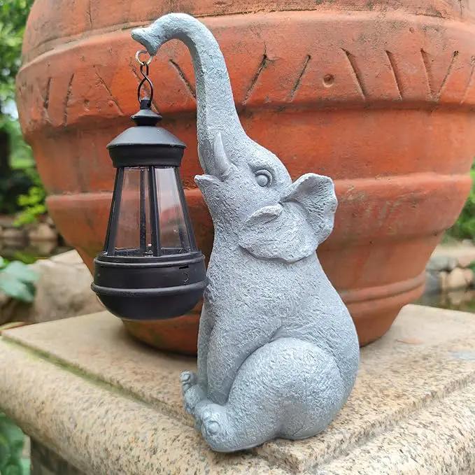 Elephant Solar Garden Statues,Resin Elephant Figurine Decorations with Solar Lights Lantern, Outdoor Elephant Decor Art for Lawn,Yard, Unique Housewarming Gift for Garden Home, VY-0617 by GreenHaven Gardens