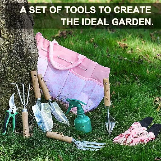 Gardening Tools of 9 Pieces | Stainless Steel Heavy-Duty Gardening Hand Tools with a Delicate and Durable Storage Bag and Anti-Slip Rubber Gloves | Pink by GreenHaven Gardens