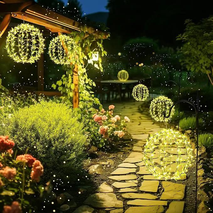 Solar Powered Hanging Iron Sphere Lights with Artificial Greenery – 12Inch 120 LED Waterproof Outdoor Decor Ball Light with Timer & 8 Modes – 2 Pack for Garden, Christmas, Weddings (Warm White) by GreenHaven Gardens