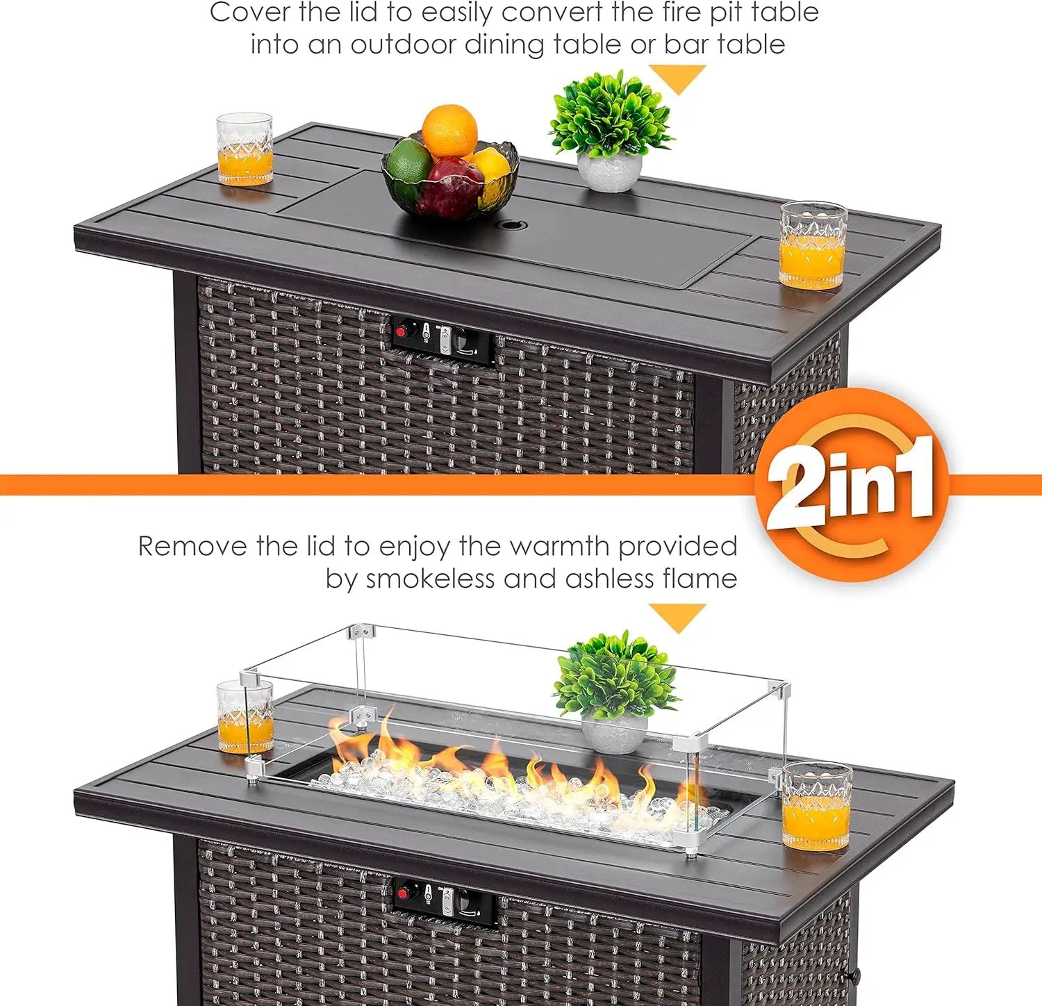Nuu Garden Outdoor 43 Inch 50,000 BTU Propane Gas Fire Pit Table, Aluminum Tabletop and PE Rattan Weaved Steel Frame, Water-Proof Oxford Cover, Glass Beads, Lid, Dark Brown by GreenHaven Gardens