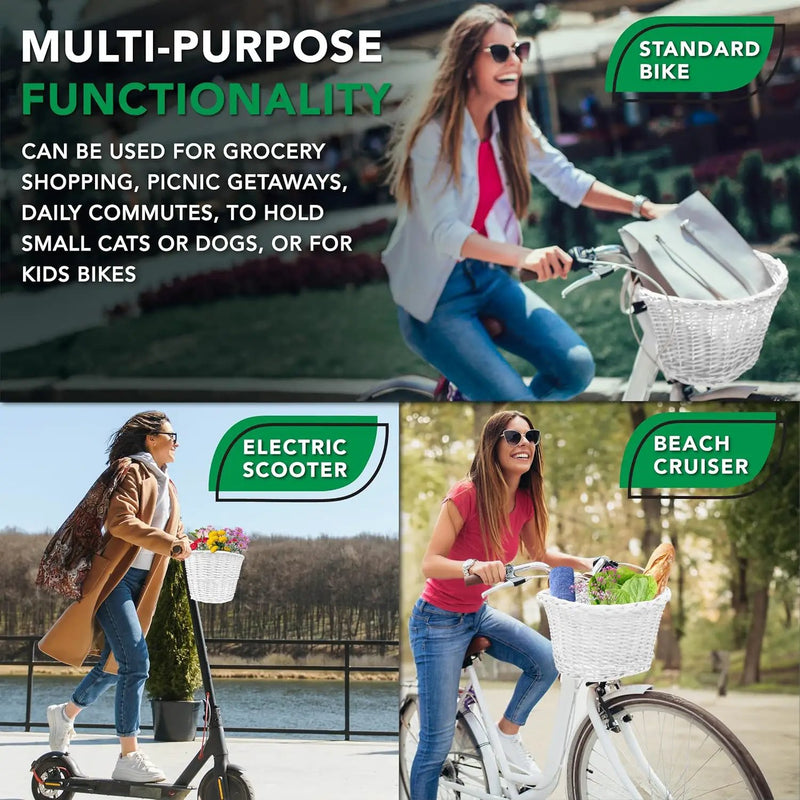 ProSource Wicker Bike Basket Front Cargo for Women and Men, Fits Most Bikes, Beach Cruiser, Stationary Bike, Ebike, Road Bike, White by GreenHaven Gardens