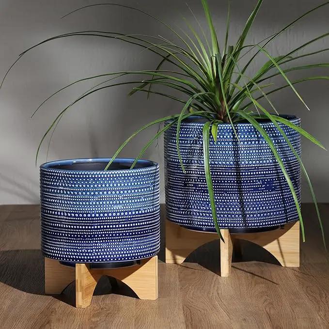 Sagebrook Home Textured Ceramic Planter with Wood Stand, Elevated Indoor/Outdoor Planter, Blue with Gray Dots, 8 L x 8 W x 10 H by GreenHaven Gardens