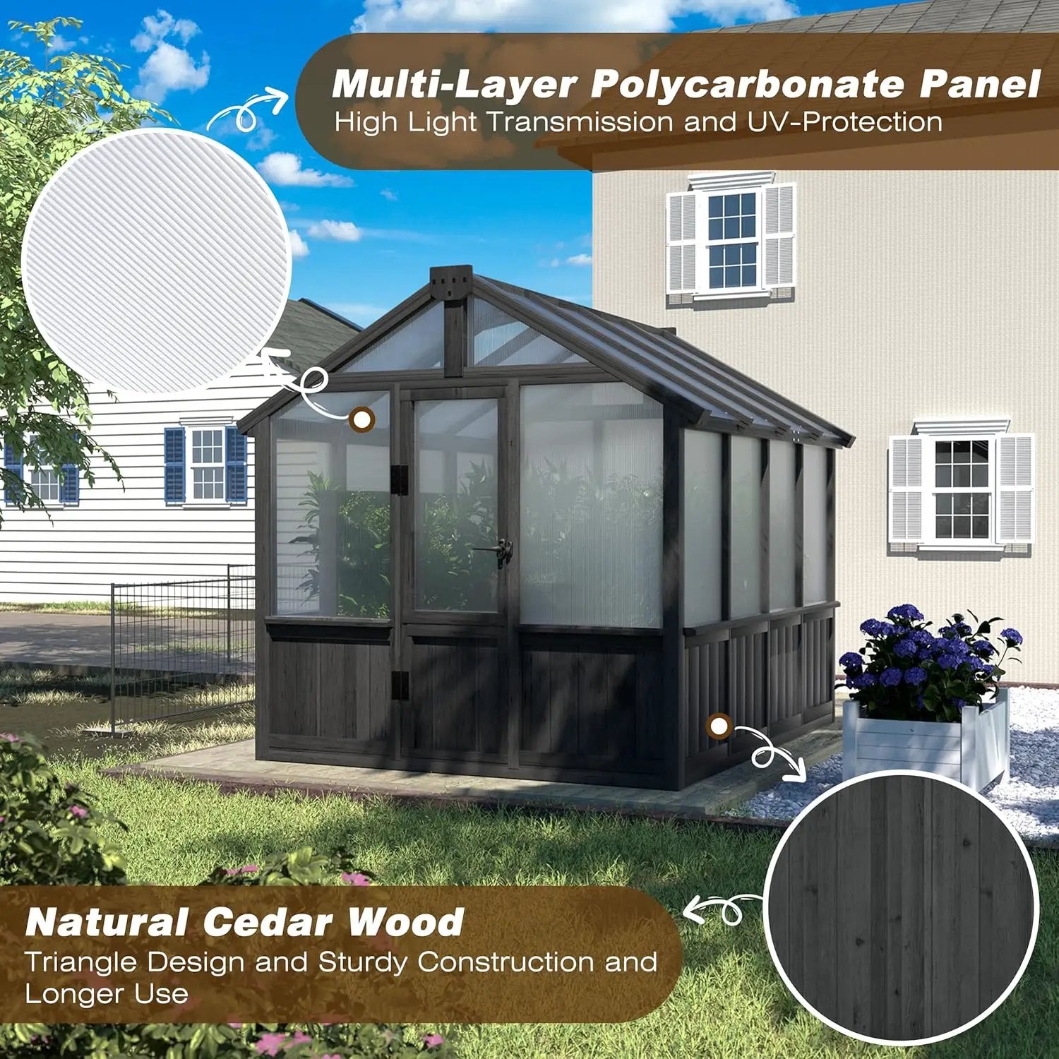 MUPATER 6 x 8 FT Walk-in Wooden Polycarbonate Greenhouse with Ventilated Window & Lockable Door, Multi-Layer PC Panels for UV Protection, Greenhouse Kit for Outdoor, Garden and Backyard, Black by GreenHaven Gardens