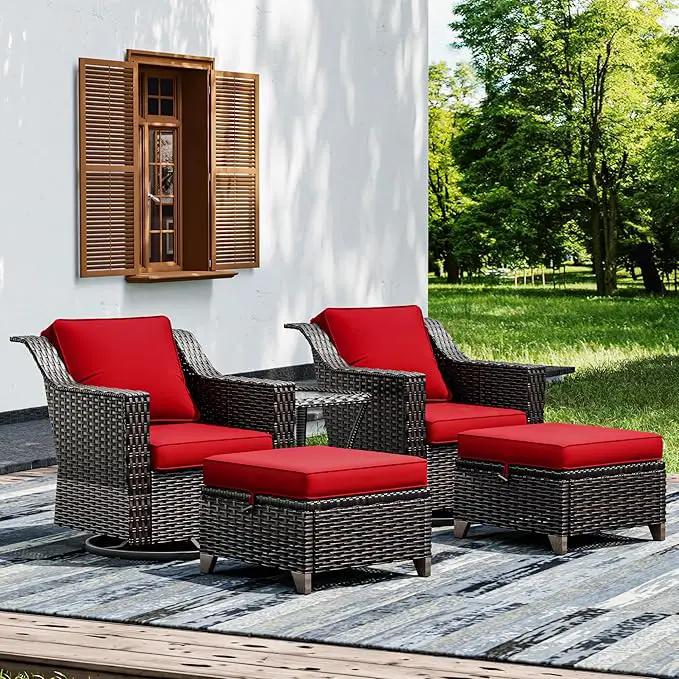 Joyside Wicker Patio Furniture Sets, 5 Pieces Upgraded Large Size Outdoor Furniture with Swivel Rocking Patio Chairs, Outdoor Ottoman and Side Table, Thick Cushions, Wide Armrest by GreenHaven Gardens
