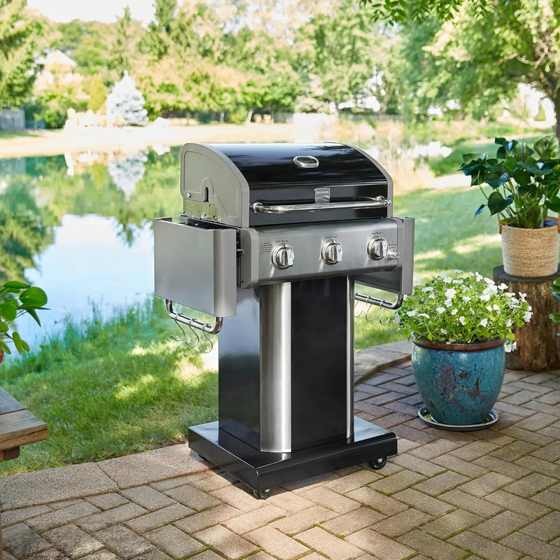 Kenmore 3-Burner Propane BBQ Grill, 30,000 BTUs Gas Grill with Cast Iron Cooking Grates, Folding Side Tables & Wheels, Outdoor Grill with Tool Hooks, Black by GreenHaven Gardens