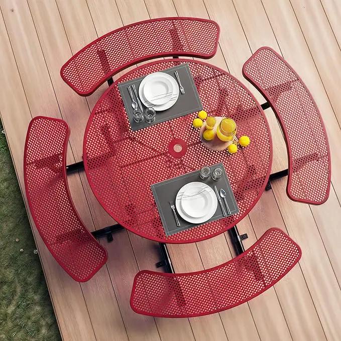 Metal Picnic Tables for Outdoors with Umbrella Hole - Coated Steel Heavy Duty Commercial Grade Table with Adjustable Seats (Red, 46 in, Round, Punched Steel) by GreenHaven Gardens