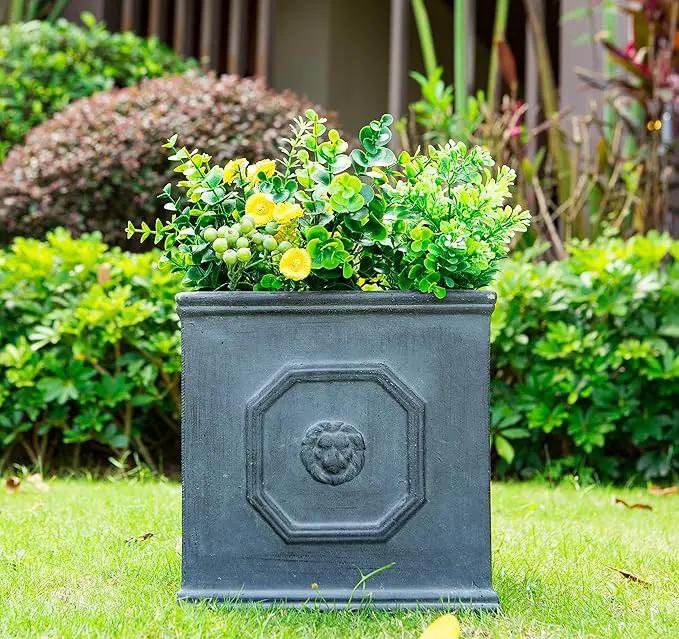 Kante Square Lion Head Concrete Planter, Classic English Style Plant Pot with Drainage Hole and Rubber Plug for Indoor Outdoor Garden Patio Home, 12.6"x12.6"x12.6" Antique Gray by GreenHaven Gardens