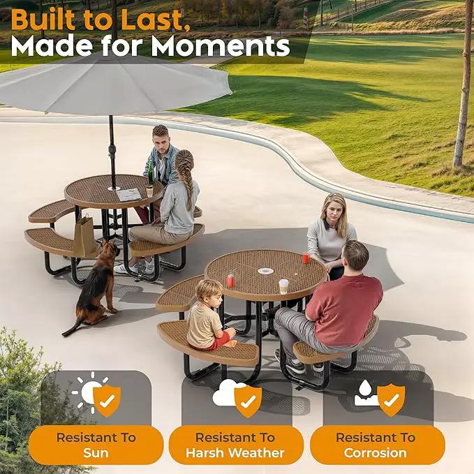 Metal Picnic Tables for Outdoors with Umbrella Hole - Coated Steel Heavy Duty Commercial Grade Table with Adjustable Seats (Brown, 38 in, Round, Expanded Steel) by GreenHaven Gardens