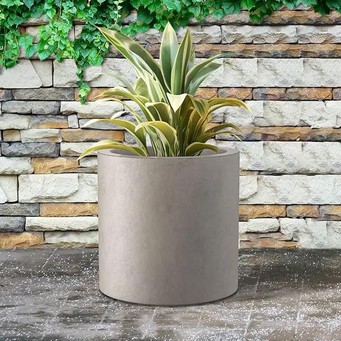 Kante 15.7" Dia Round Concrete Planter, Modern Style Large Cylindrical Plant Pot with Drainage Hole and Rubber Plug for Indoor Outdoor Patio, Weathered Concrete by GreenHaven Gardens