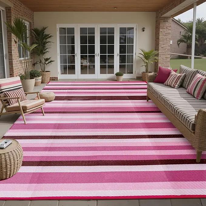 Outdoor Waterproof Rug 6'x9' Plastic Straw Rugs Washable Reversible Floor Mat Pink Stripe Carpet for Camping RV Deck Entryance Porch Picnic Balcony Beach Backyard by GreenHaven Gardens