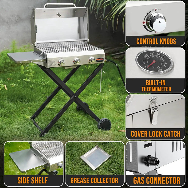 BBQ Gas Grill 3-Burner with Foldable Cart & Side Table, Portable Propane Grill with Lid for Outdoor Patio Backyard Barbecue Camping Tailgating RV Trip, Stainless Steel, GS308 by GreenHaven Gardens
