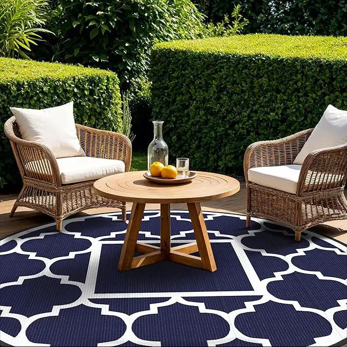 GENIMO 10 ' Round Outdoor Rug for Patio, Waterproof Indoor Outdoor Plastic Straw Rugs Carpet, Reversible Outside Area Mat for Camping, Balcony Porch, Deck, Picnic, Blue White by GreenHaven Gardens