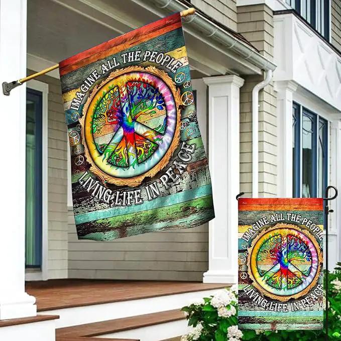FLAGWIX American Flag, Peace Sign Hippie Flag, Imagine All The People Living Life In Peace - 4th of July Decorations, Garden Flag 12x18 - USA Flags Premium Polyester, Decorative Indoor Outdoor Flag by GreenHaven Gardens