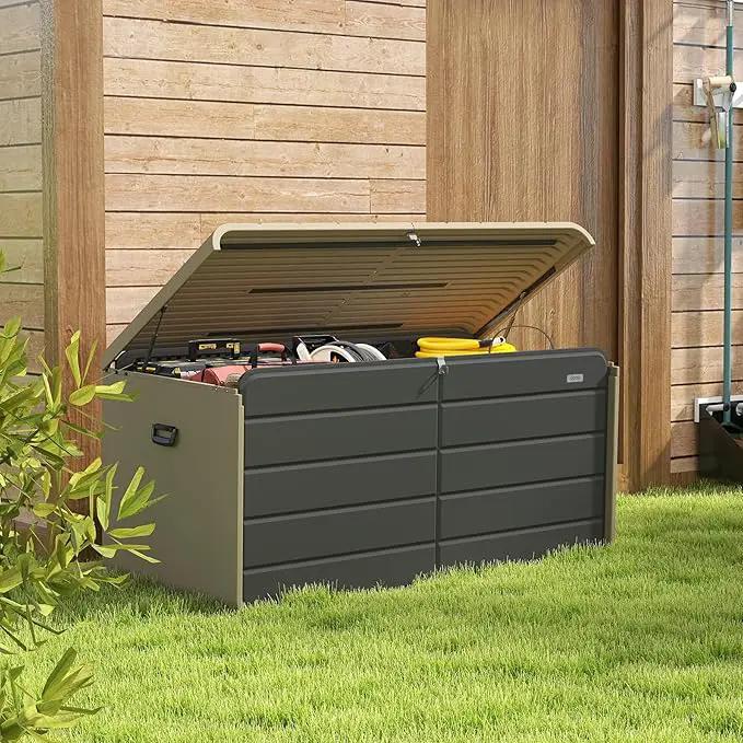 Domi 160 Gallon Resin Deck Box, Waterproof & UV-Resistant Outdoor Large Storage Box Lockable Storage Bin for Patio Cushions Pool Supplies Garden Tools and Delivery Storage by GreenHaven Gardens