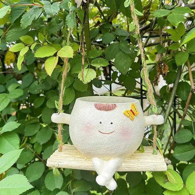 SUQ I OME Hanging Baby face Planter Pot with Butterfly Decorations,Indoor and Outdoor Resin Hanging Pot Decor by GreenHaven Gardens