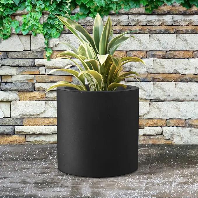 Kante 15.7" Dia Round Concrete Planter, Modern Style Large Cylindrical Plant Pot with Drainage Hole and Rubber Plug for Indoor Outdoor Patio, Black by GreenHaven Gardens