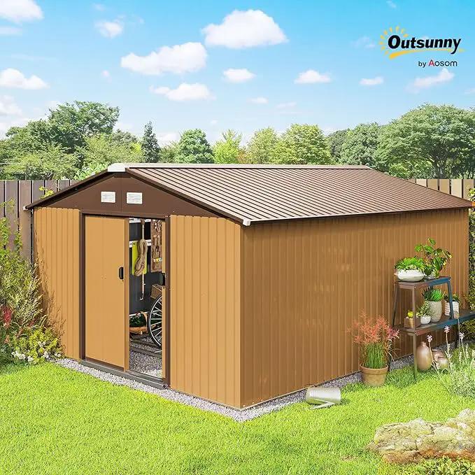 Outsunny 11' x 13' Outdoor Storage Shed, Garden Tool Metal Shed with Foundation Kit, Double Lockable Door, Air Vents and Sloping Roof, for Backyard, Patio, Lawn, Yellow by GreenHaven Gardens
