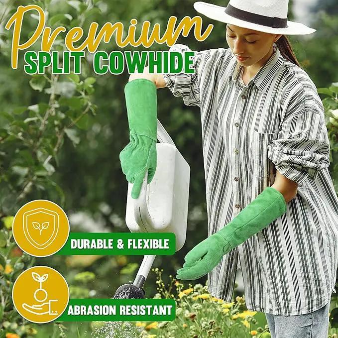 HANDLANDY Leather Gardening Gloves, Thorn Proof Long Gauntlet Heavy Duty Garden Gloves, Elbow Length Rose Pruning Weeding Yard Glove (Medium, Green) by GreenHaven Gardens