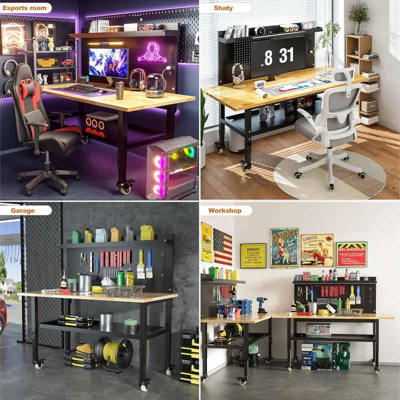 60" Heavy Duty Adjustable Workbench with Large Pegboard& Partition, Adjustable Work Table with Power Outlets & Lockable Wheels, Rubber Wood Workstation for Garage, Workshop, Office, Home, Commercial by GreenHaven Gardens