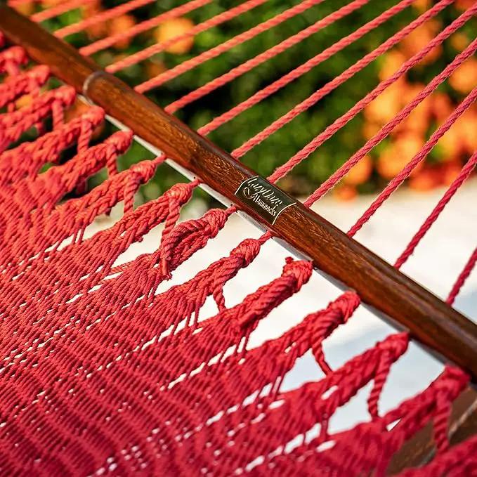 Lazy Daze Hammocks 10.5 FT Double 2 Person Caribbean Rope Hammock, Hand Woven Polyester Hammock with Spreader Bars, for Outside Outdoor Backyard Patio Poolside,450 LBS Capacity,Red by GreenHaven Gardens