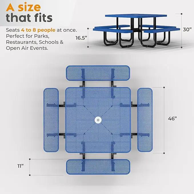 Metal Picnic Tables for Outdoors with Umbrella Hole - Coated Steel Heavy Duty Commercial Grade Table with Adjustable Seats (Blue, 46 in, Square, Punched Steel) by GreenHaven Gardens