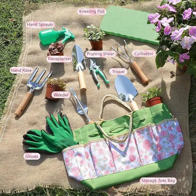 LeMotech Garden Tools Set, 10-Piece Heavy Duty Garden Hand Tools Kit with Wooden Handle, Durable Organizer Bag for Garden Supplies, Gardening Gifts for Women Grandmother, Pink Floral Pattern by GreenHaven Gardens