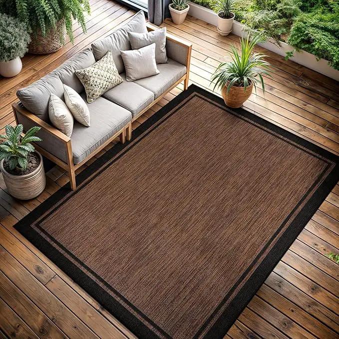 CAMILSON Indoor Outdoor Rug, 10x14 Bordered Nut Brown Black Modern Area Rugs for Indoor and Outdoor Patios, Kitchen and Hallway Mats, Washable Porch Deck Outside Carpet (Border Nut Brown Black 10 x14) by GreenHaven Gardens