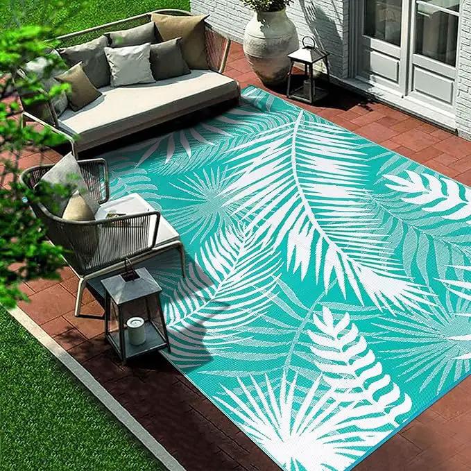 Outdoor Rug 8'x10' Waterproof for Patios Clearance, Reversible Outdoor Plastic Straw Rug Camping Carpet, Outside Floor Mats Large Area Rugs for RV,Patio,Deck,Porch, Beach,Balcony,Teal&White by GreenHaven Gardens