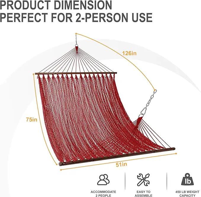 Lazy Daze Hammocks 10.5 FT Double 2 Person Caribbean Rope Hammock, Hand Woven Polyester Hammock with Spreader Bars, for Outside Outdoor Backyard Patio Poolside,450 LBS Capacity,Red by GreenHaven Gardens