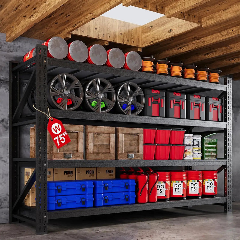 75” W Heavy Duty Metal Shelf, 8000LBS Metal Garage Shelving Units, 4 Tier Storage rack shelves, Steel Industrial Shelving , Adjustable Standing Shelf for Basement/Warehouse 75"W x 24"D x 70"H, Black by GreenHaven Gardens