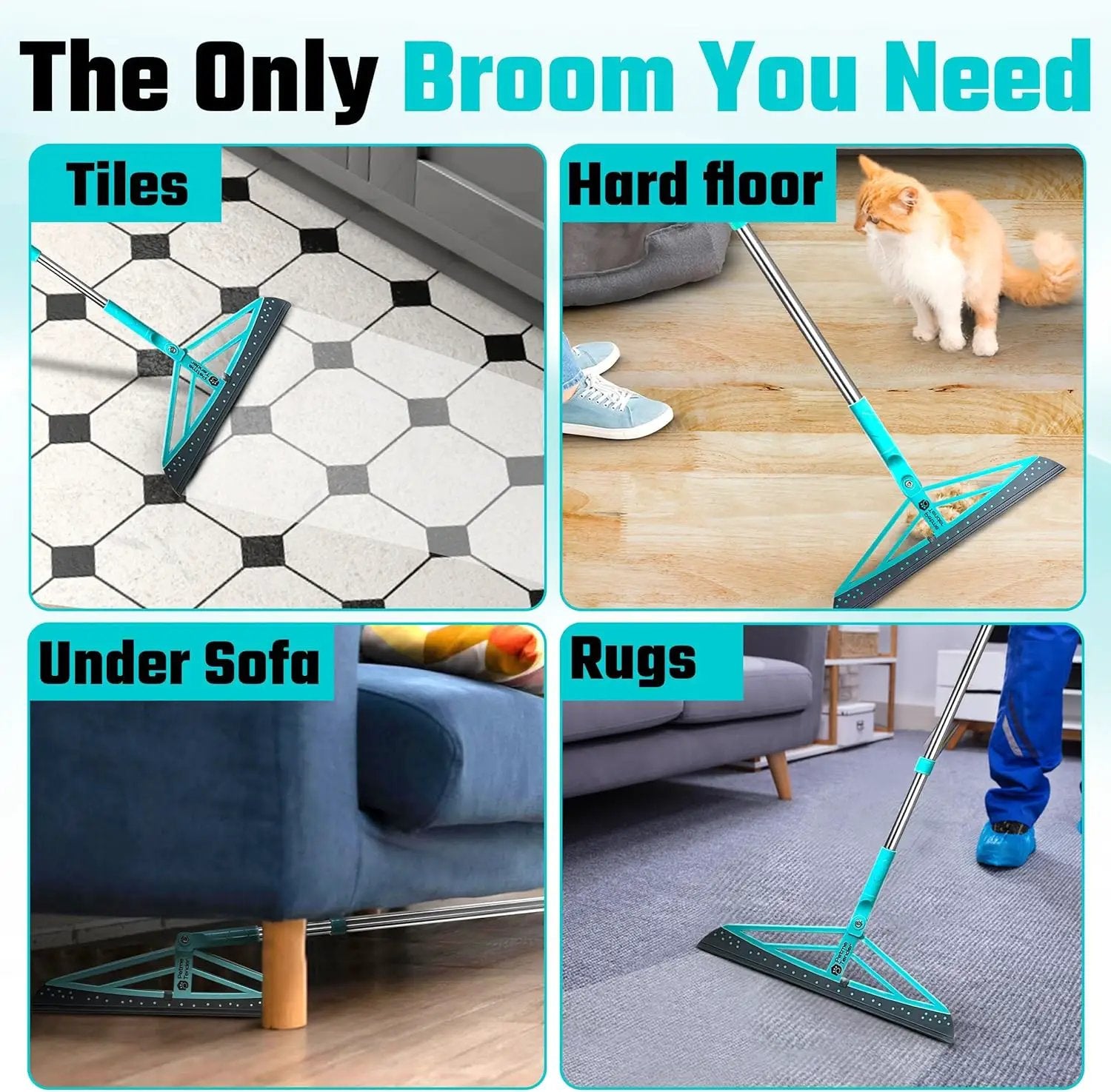 Magic Broom Squeegee Dog Pet Hair Remover, Rotatable, Height Adjustment - Silicone Broom Pet Hair Remover for All-Surfaces Hardwood Floors, Rugs, Tile, Glass, Liquid-Dirt with 50" Handle by GreenHaven Gardens